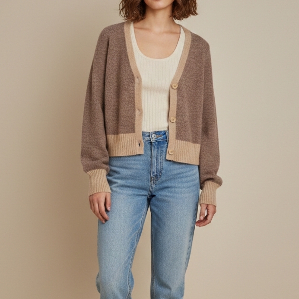 Yes Lola V-Neck Cardigan Brown Tan Alpaca Blend Size Large Womens Colorblock